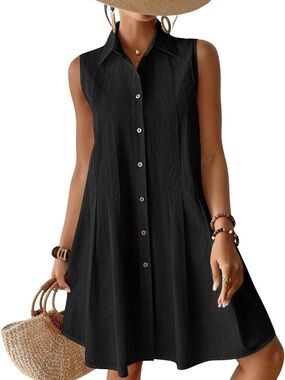 Sleeveless Black Button-Front A-Line Dress